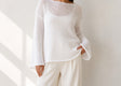 White women's airy sheer-knit boat-neck sweater