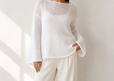 White women's airy sheer-knit boat-neck sweater