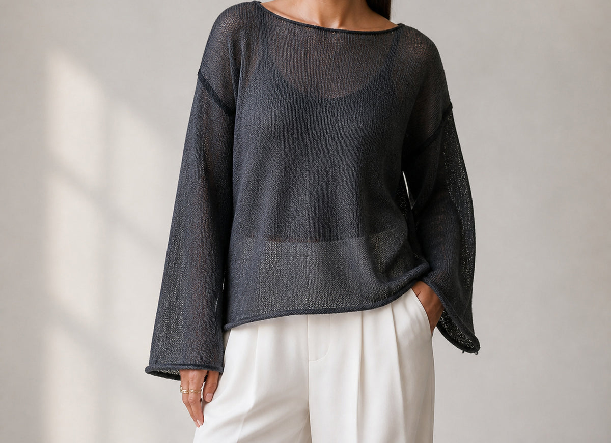Gray women's airy sheer-knit boat-neck sweater