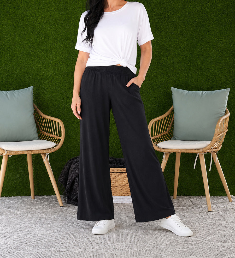Women's Relaxed Wide Leg Resort Pants – Lightweight Pull-On Pants with Pockets