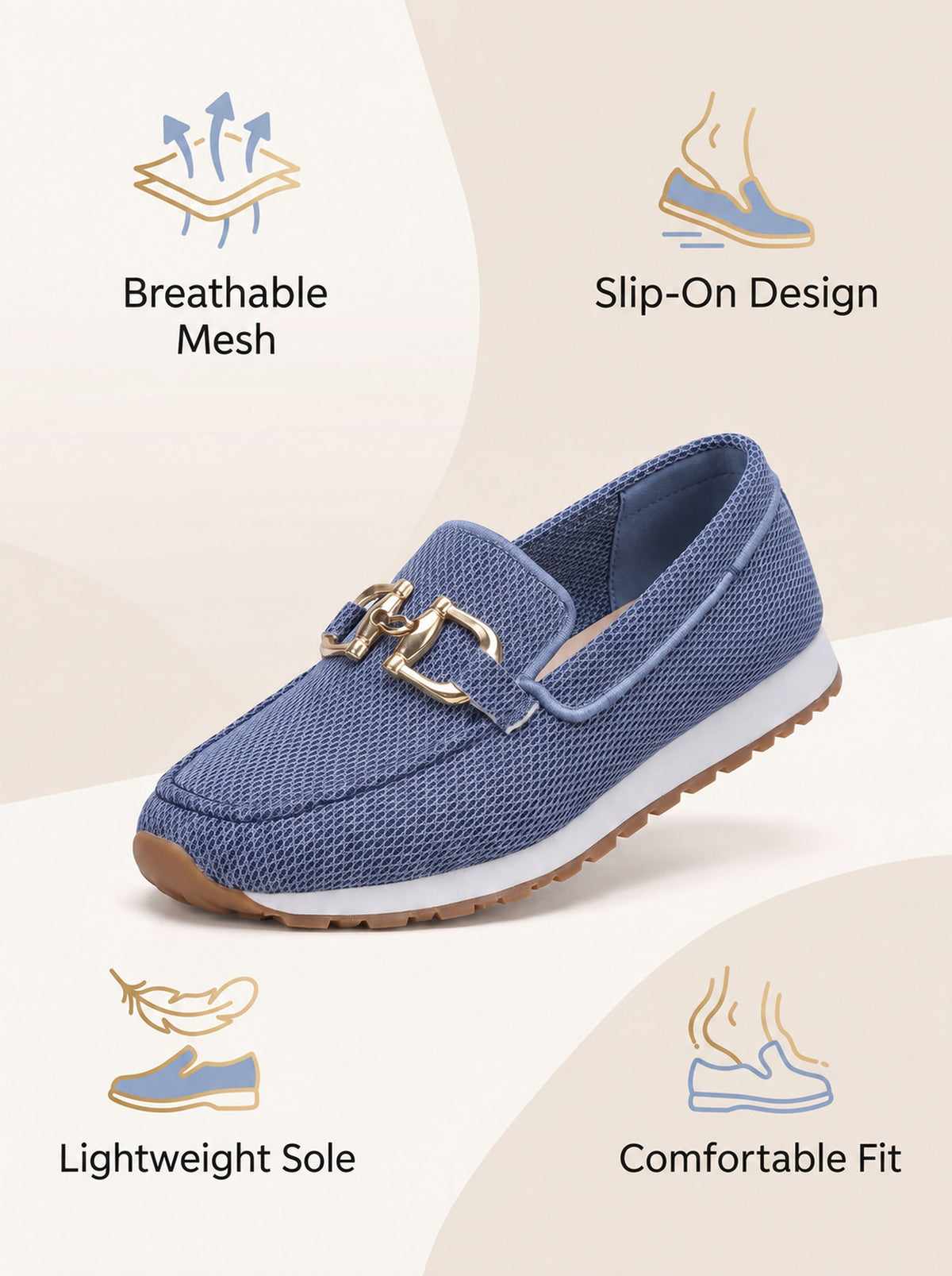 Navy blue mesh loafer feature overview