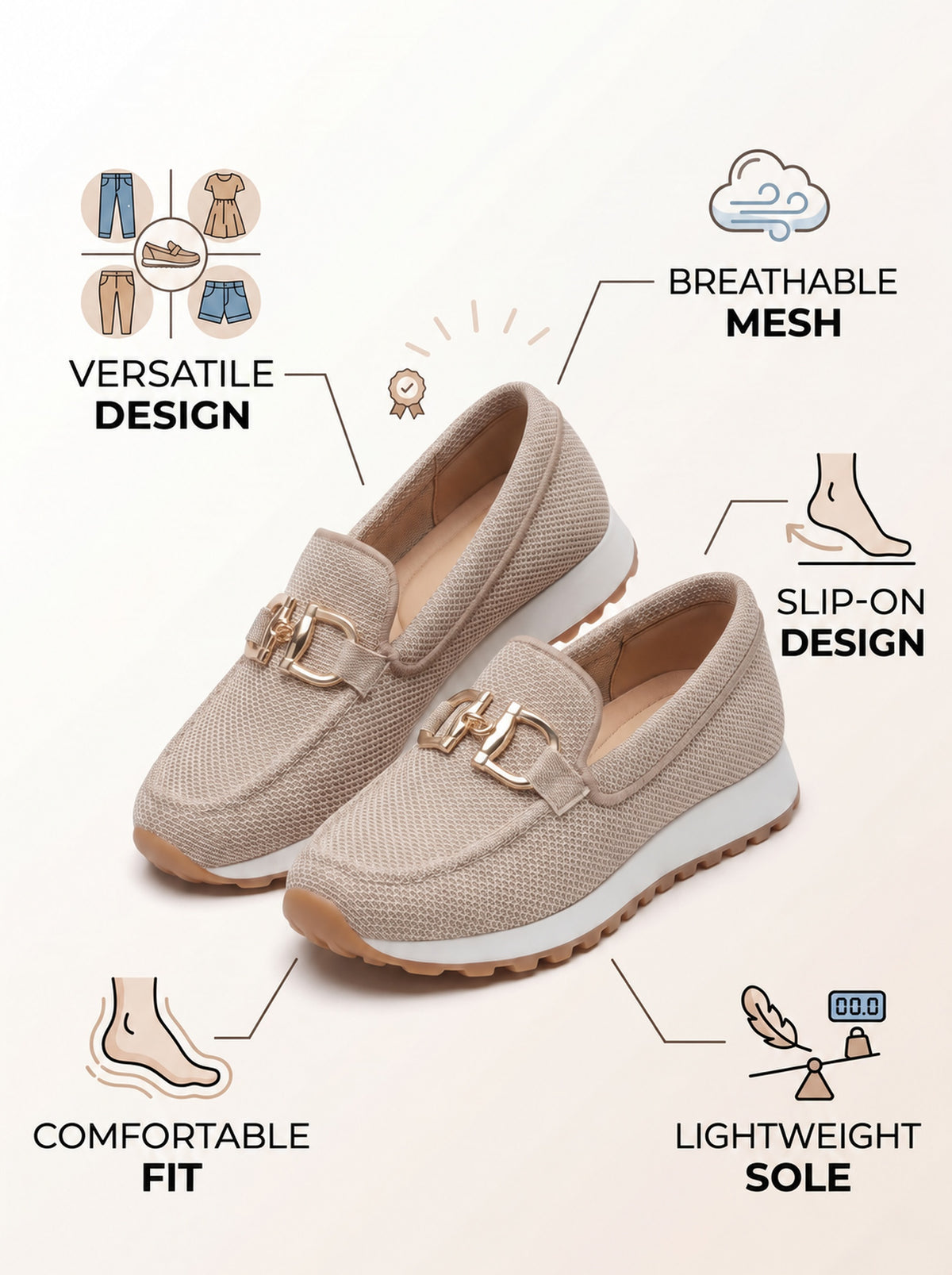 Sand beige mesh loafer feature overview