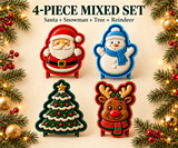 4-piece Christmas mini pie mold set with Santa, snowman, tree, and reindeer