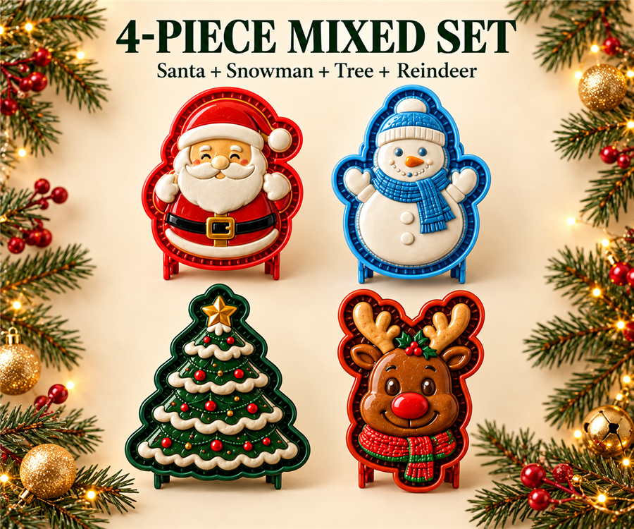 4-piece Christmas mini pie mold set with Santa, snowman, tree, and reindeer