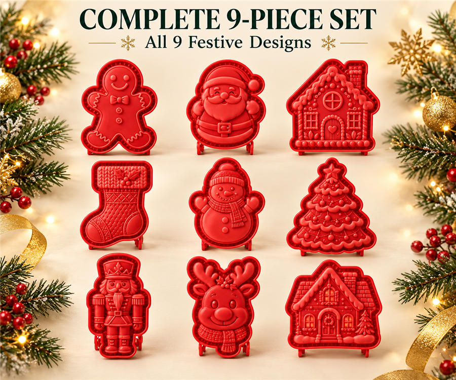 Complete 9-piece Christmas mini pie mold set with all nine designs