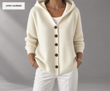 Women's Relaxed Hooded Button-Front Cardigan — Beige color, five-button front