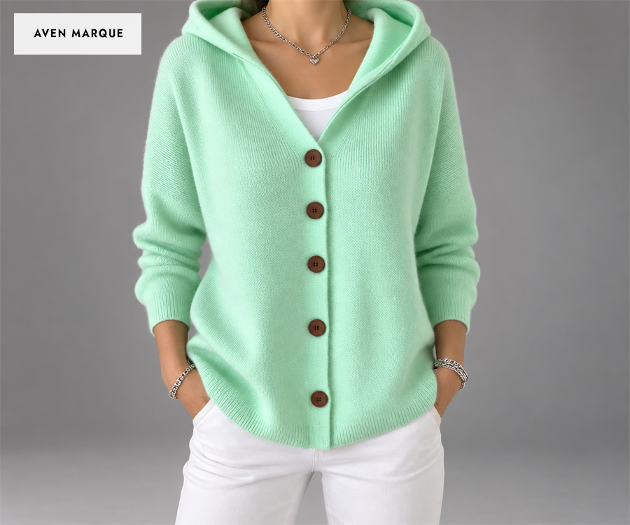 Women's Relaxed Hooded Button-Front Cardigan — Green color, five-button front