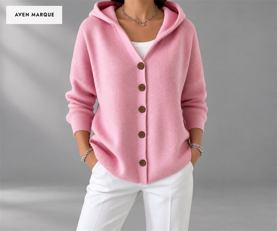 Women's Relaxed Hooded Button-Front Cardigan — Pink color, five-button front