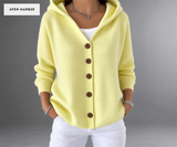 Women's Relaxed Hooded Button-Front Cardigan — Yellow color, five-button front