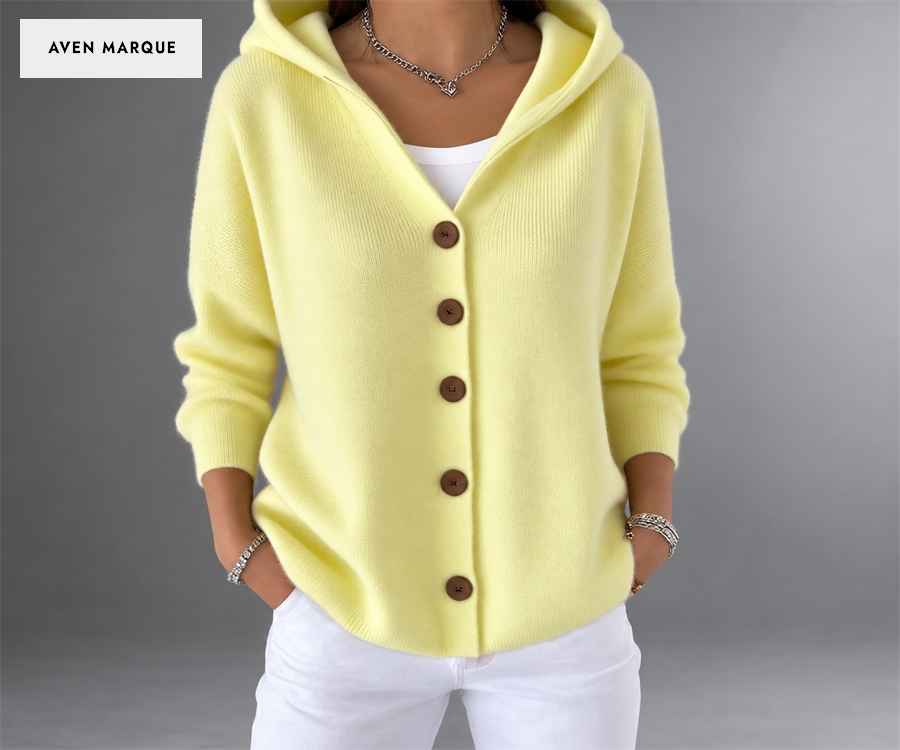Women's Relaxed Hooded Button-Front Cardigan — Yellow color, five-button front