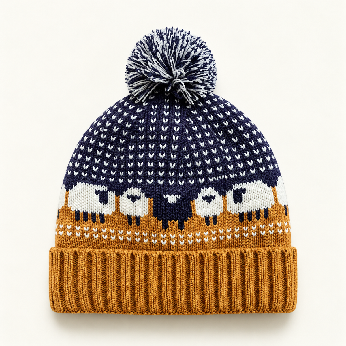 Midnight Mustard sheep-pattern Fair Isle pom-pom beanie on a clean warm-white background