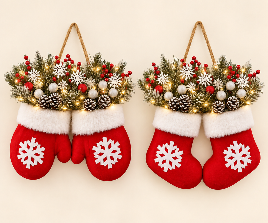 2-piece lighted mitten and stocking Christmas wreath set