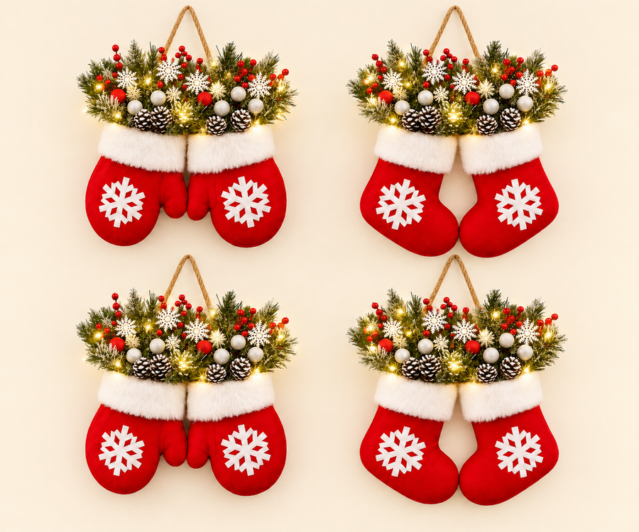 Most popular 4-piece lighted mitten and stocking Christmas wreath set