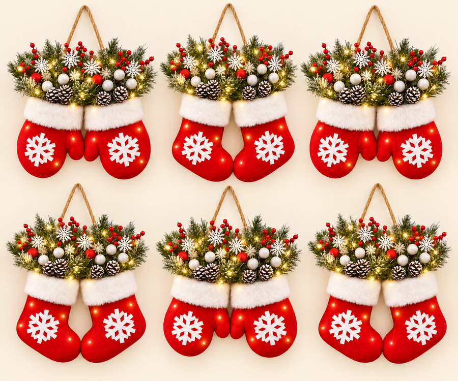 6-piece family pack lighted mitten and stocking Christmas wreath set