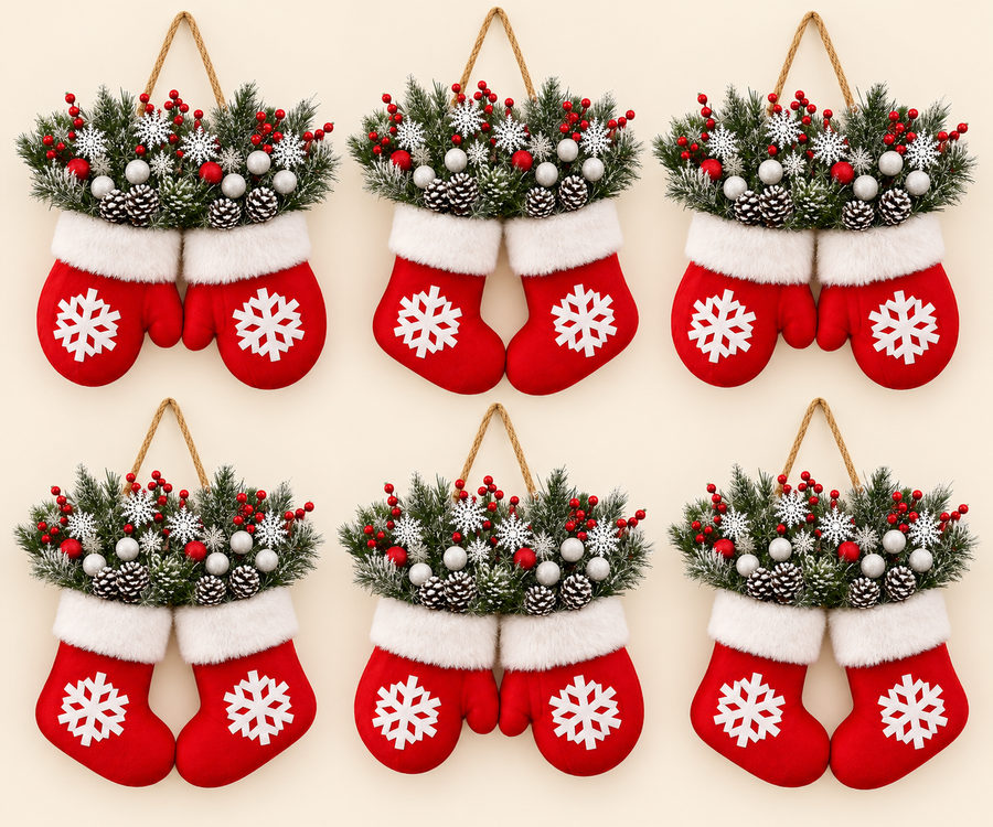6-piece family pack mitten and stocking Christmas wreath set without lights