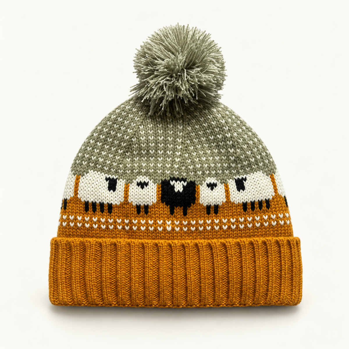 Moss Gold sheep-pattern Fair Isle pom-pom beanie on a clean warm-white background