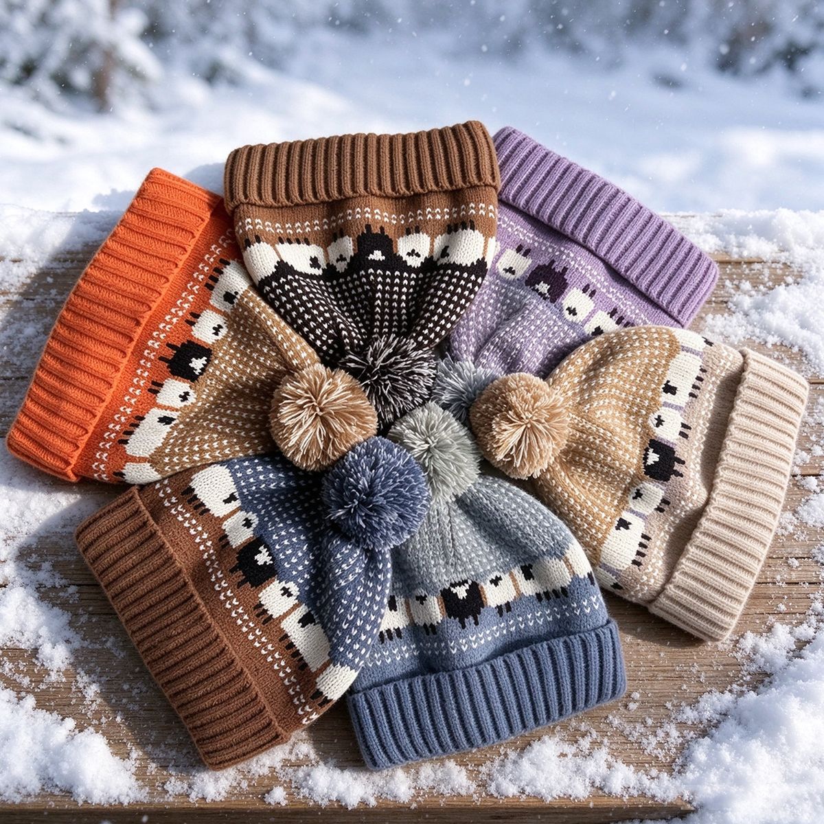 Sheep-pattern Fair Isle beanies in a winter setting