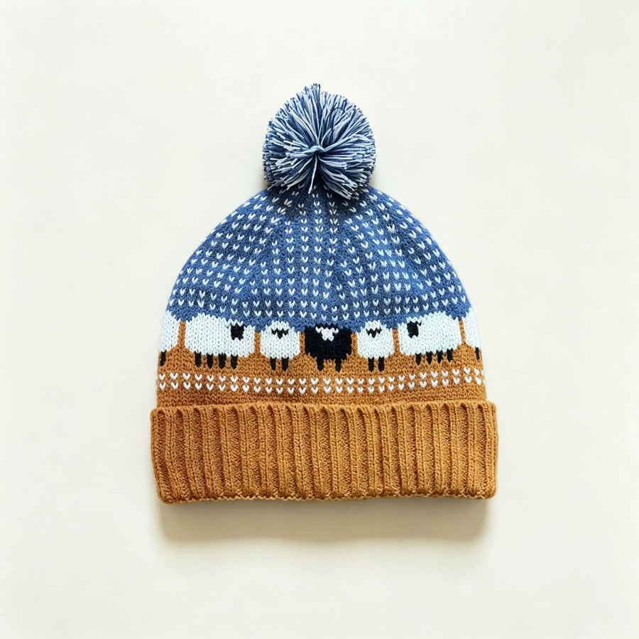 Winter Blue sheep-pattern Fair Isle pom-pom beanie