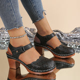 Black perforated closed-toe ankle-strap block heel sandals