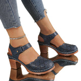 Blue perforated block heel sandal side view