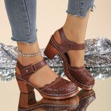 Brown perforated block heel sandal side view