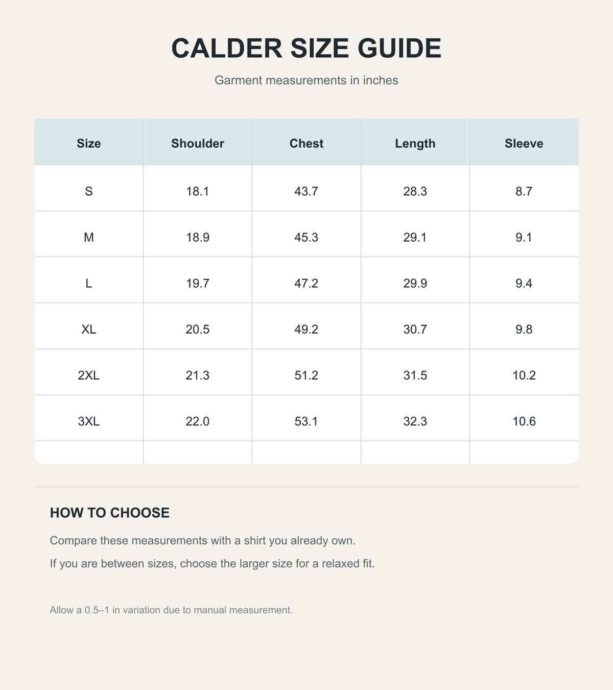 Calder shirt US size guide in inches