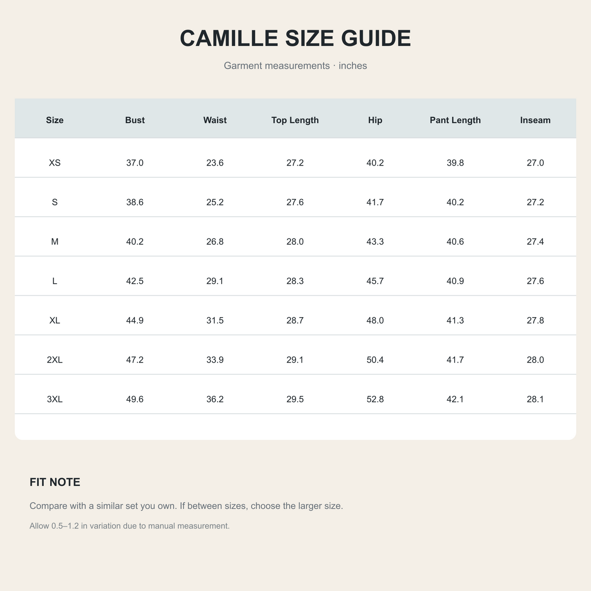Camille US size guide in inches
