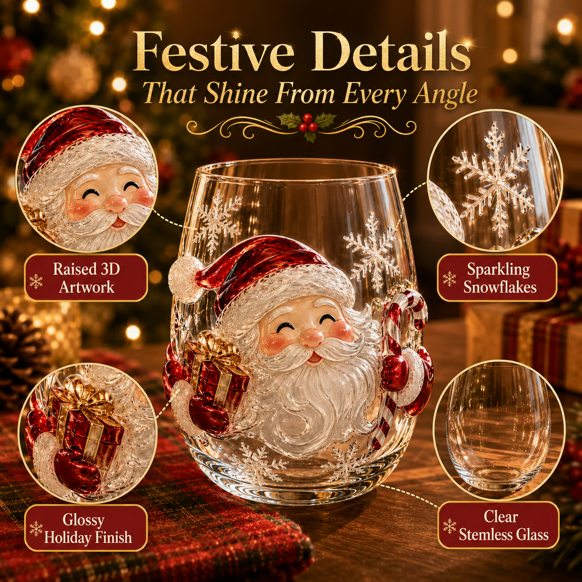 🎄Magical 3D Christmas Glass Cups – Santa, Reindeer, Snowman & Tree