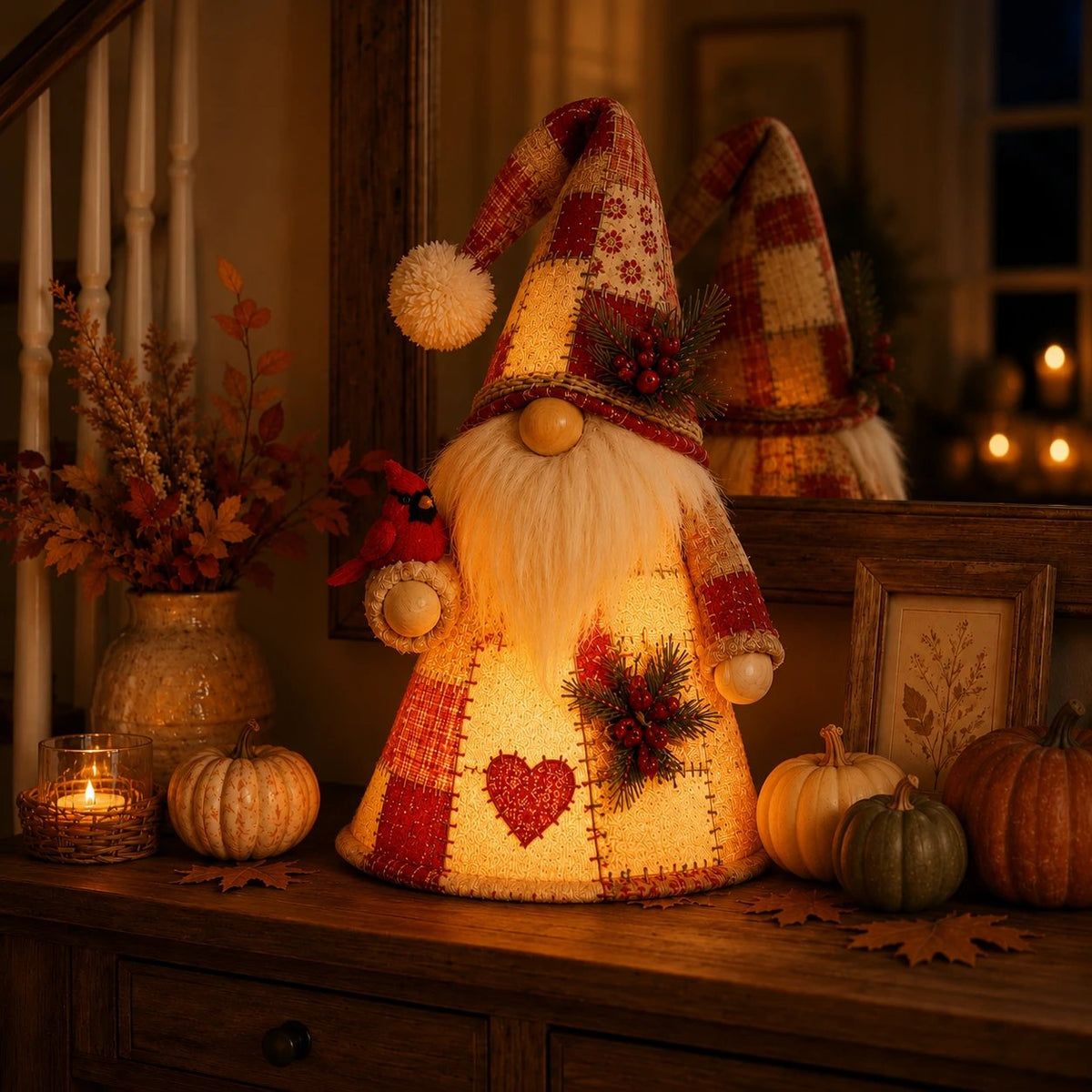 🐦 Patchwork Bird Gnome Light | Farmhouse Holiday Decor