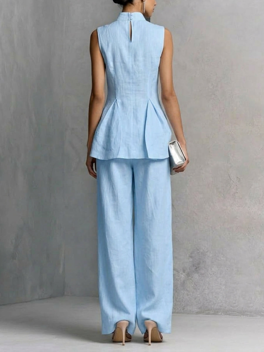 Stylish Slim-fit Sleeveless Linen And Cotton Two-piece Set