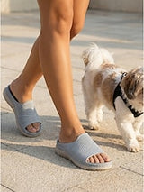 Women's Gray Comfort Knit Arch Support Slide Sandals – Breathable Lightweight Sport Slides with Cushioned Sole, Casual Summer Shoes for Indoor, Outdoor, Travel, Beach & Walking