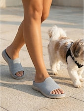 Women's Gray Comfort Knit Arch Support Slide Sandals – Breathable Lightweight Sport Slides with Cushioned Sole, Casual Summer Shoes for Indoor, Outdoor, Travel, Beach & Walking