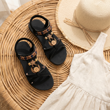 Women's Boho Flat Sandals with Gold Floral Charms