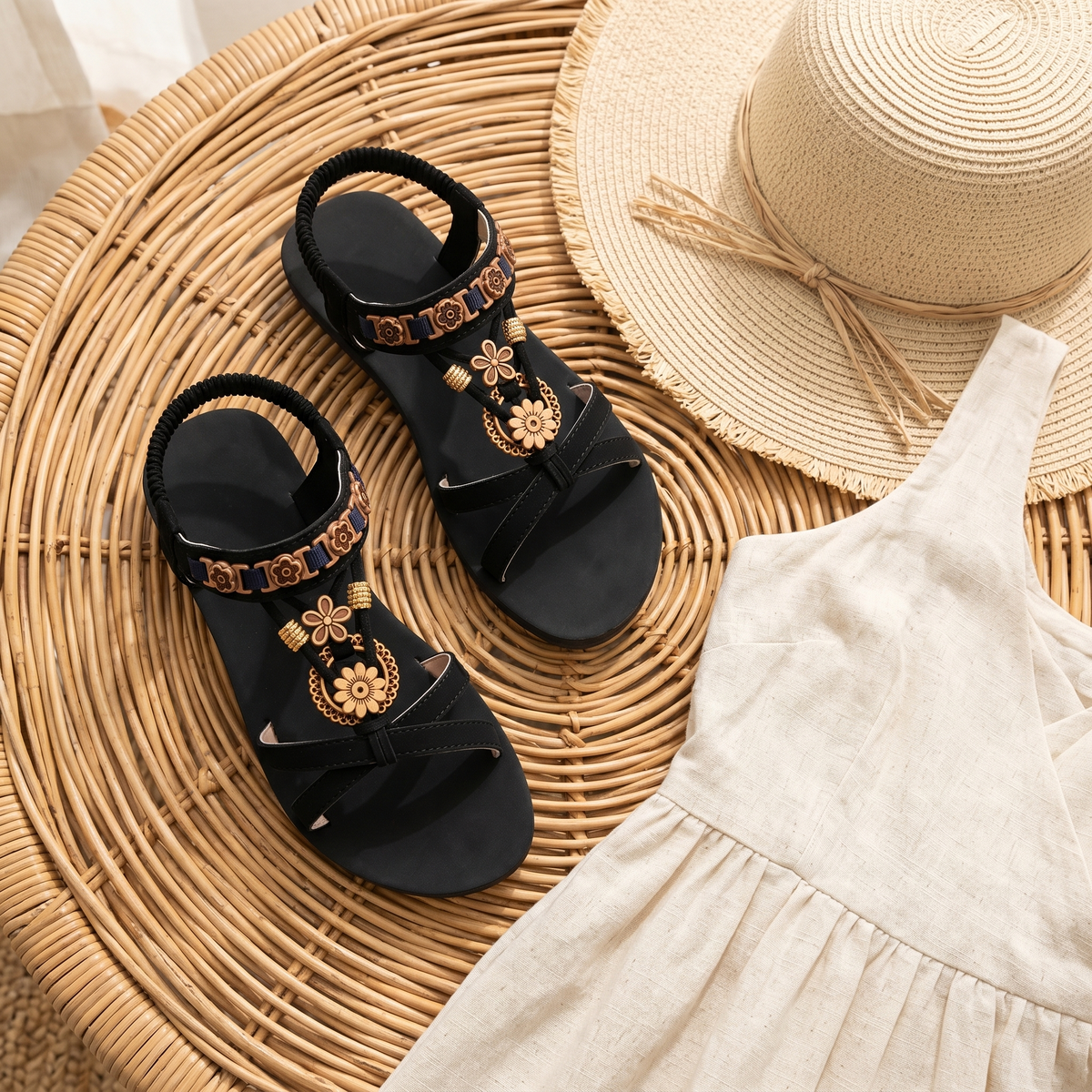 Women's Boho Flat Sandals with Gold Floral Charms