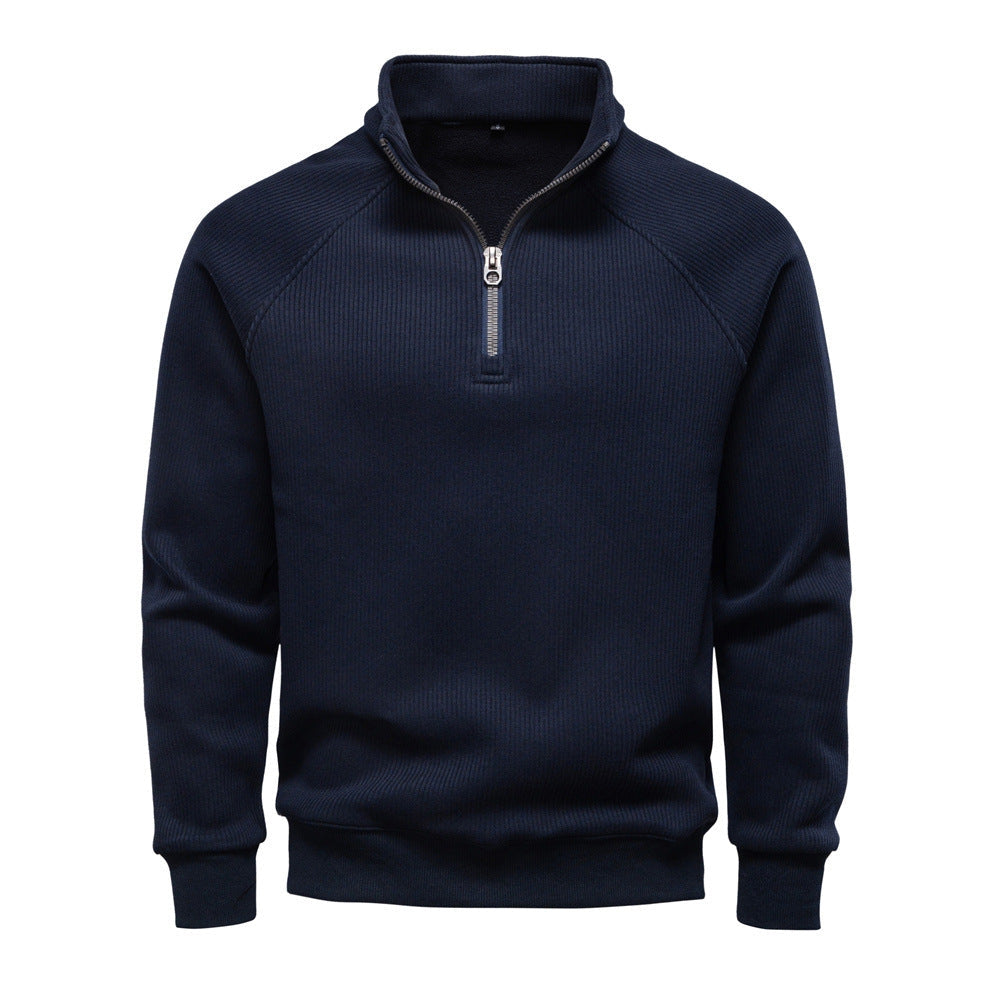 Men's Fleece-Lined Ribbed Quarter-Zip Sweatshirt with Mock Collar