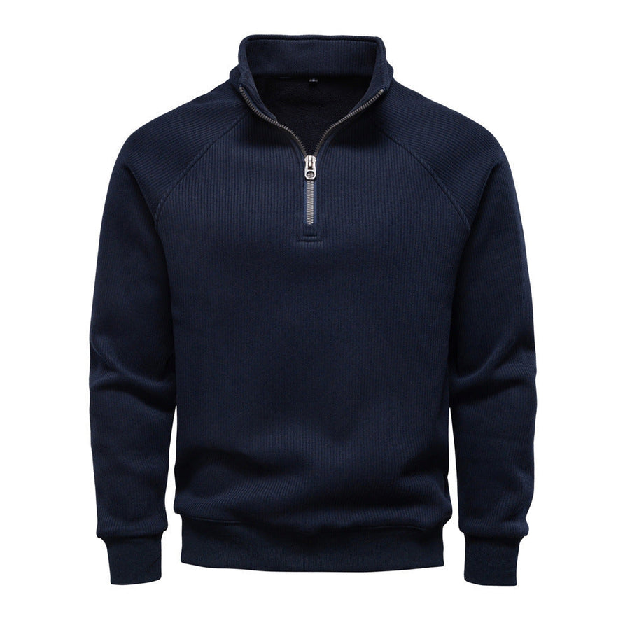 Men's Fleece-Lined Ribbed Quarter-Zip Sweatshirt with Mock Collar