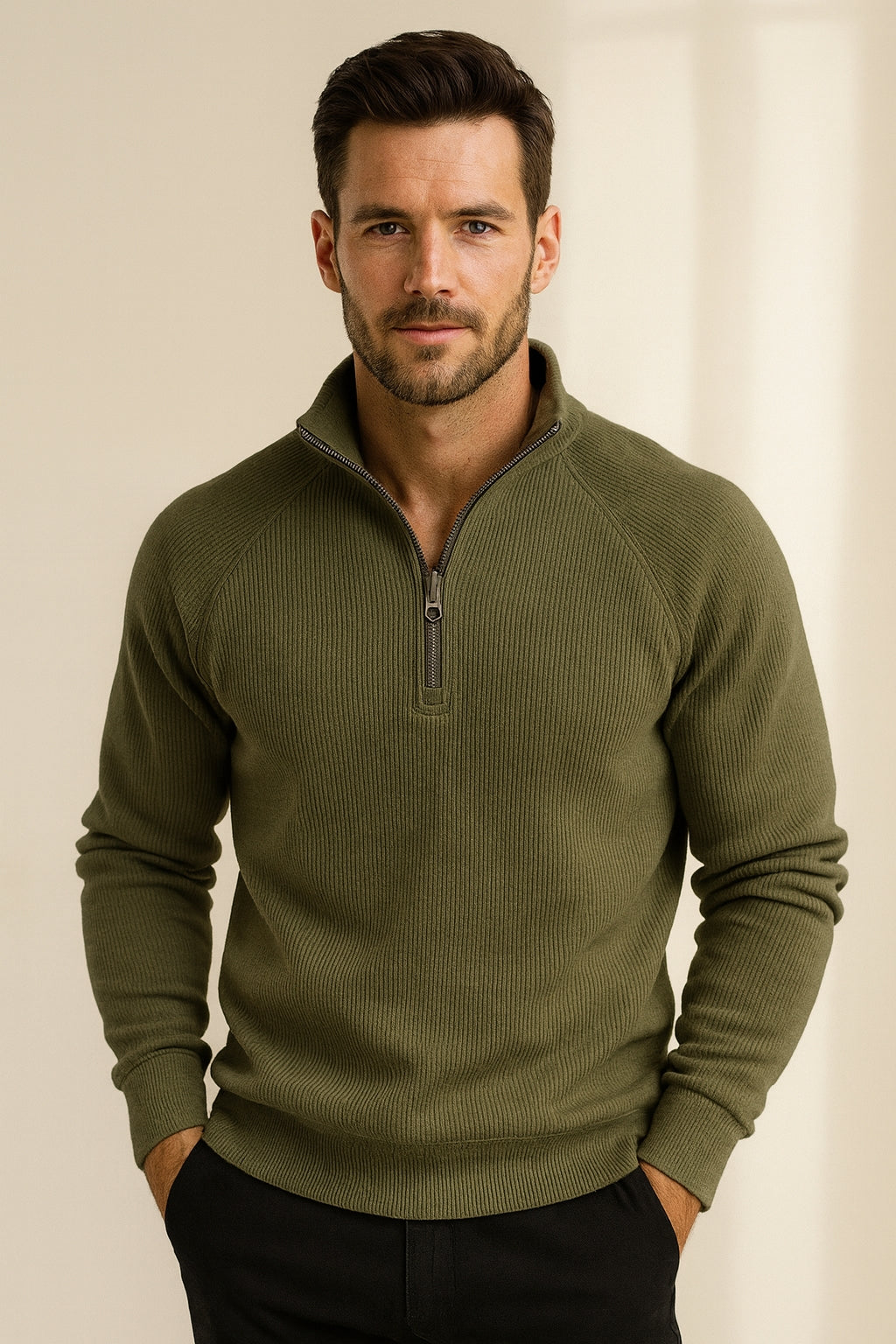 Men's Fleece-Lined Ribbed Quarter-Zip Sweatshirt with Mock Collar
