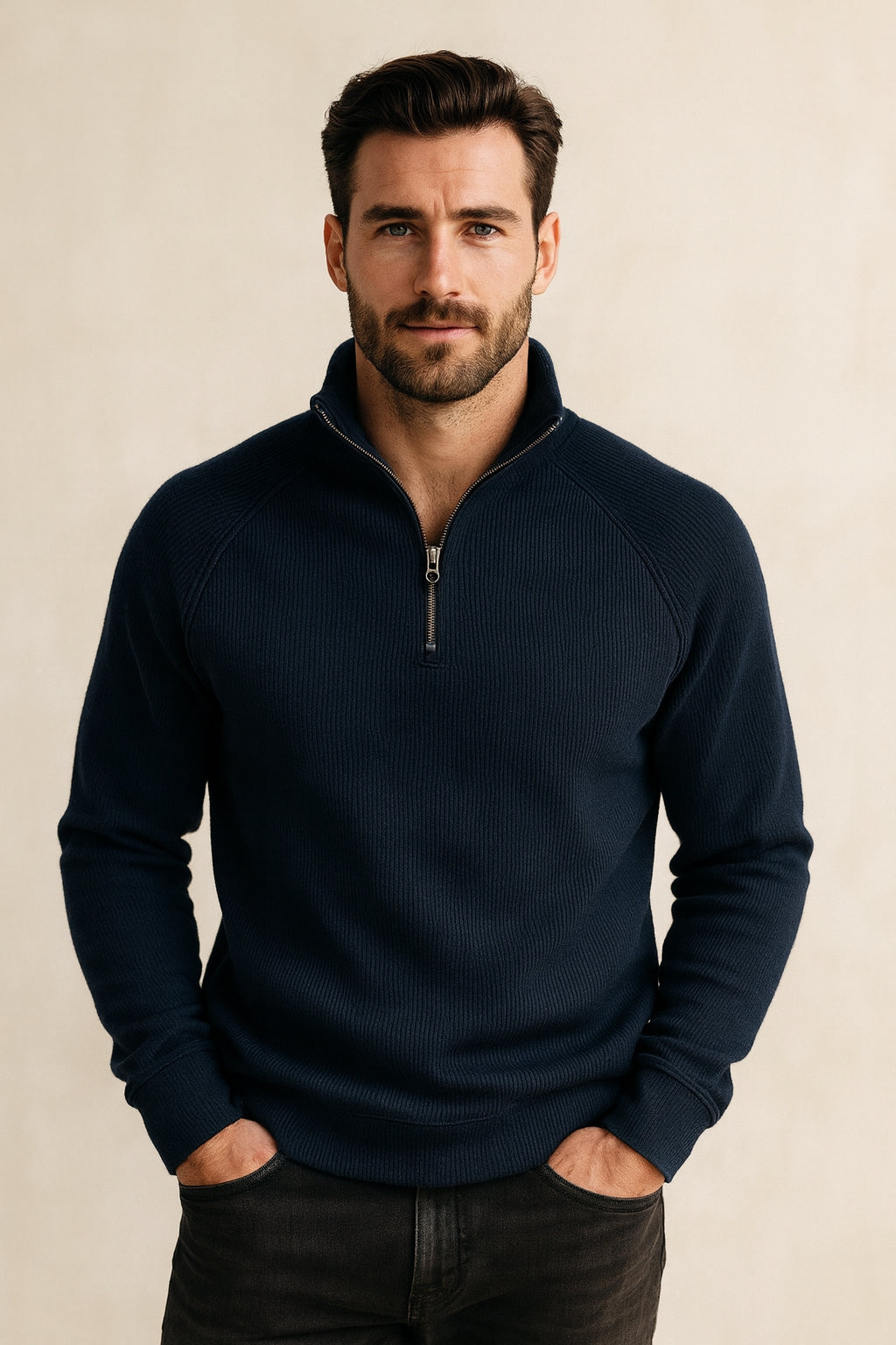 Men's Fleece-Lined Ribbed Quarter-Zip Sweatshirt with Mock Collar