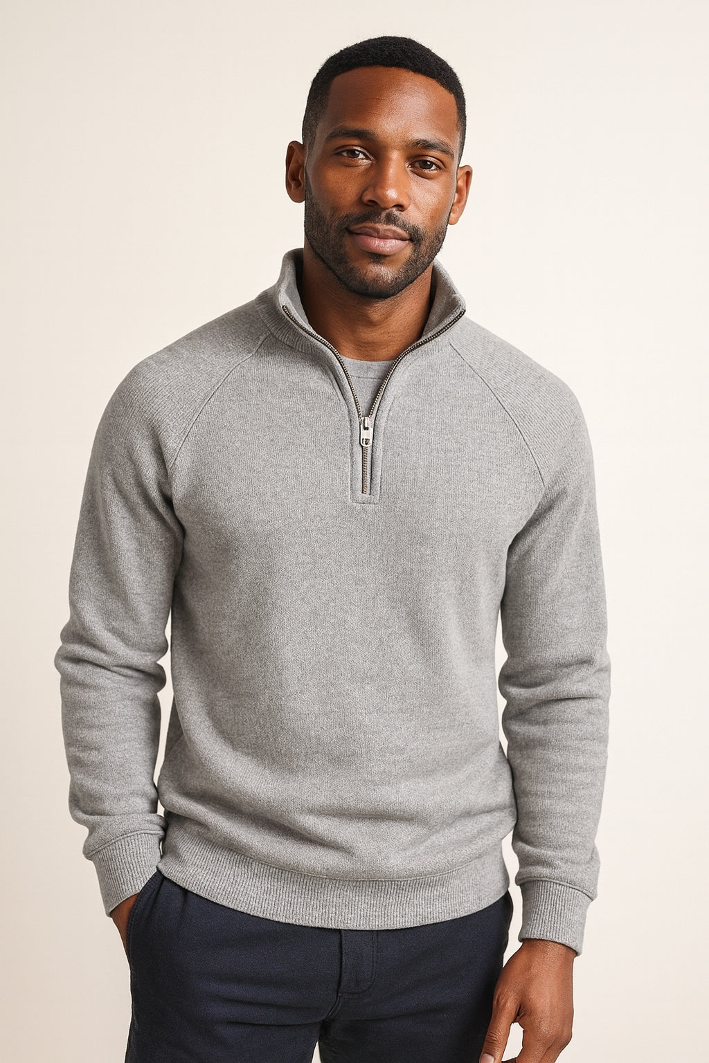 Men's Fleece-Lined Ribbed Quarter-Zip Sweatshirt with Mock Collar