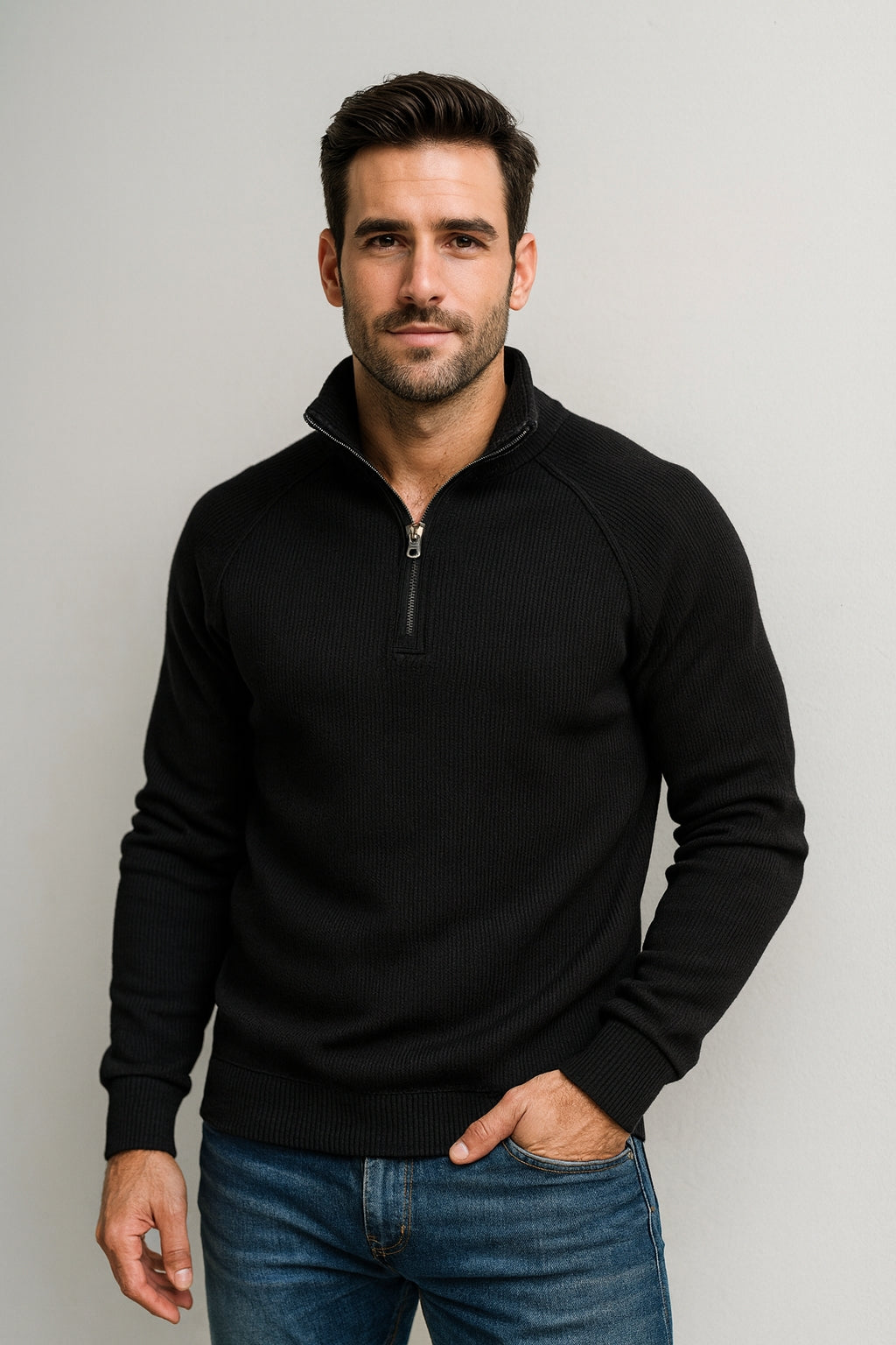 Men's Fleece-Lined Ribbed Quarter-Zip Sweatshirt with Mock Collar