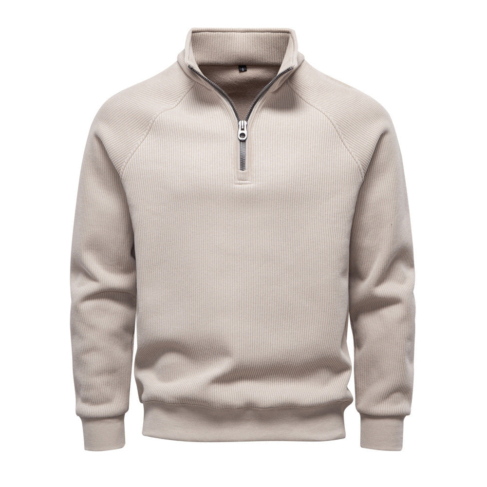 Men's Fleece-Lined Ribbed Quarter-Zip Sweatshirt with Mock Collar