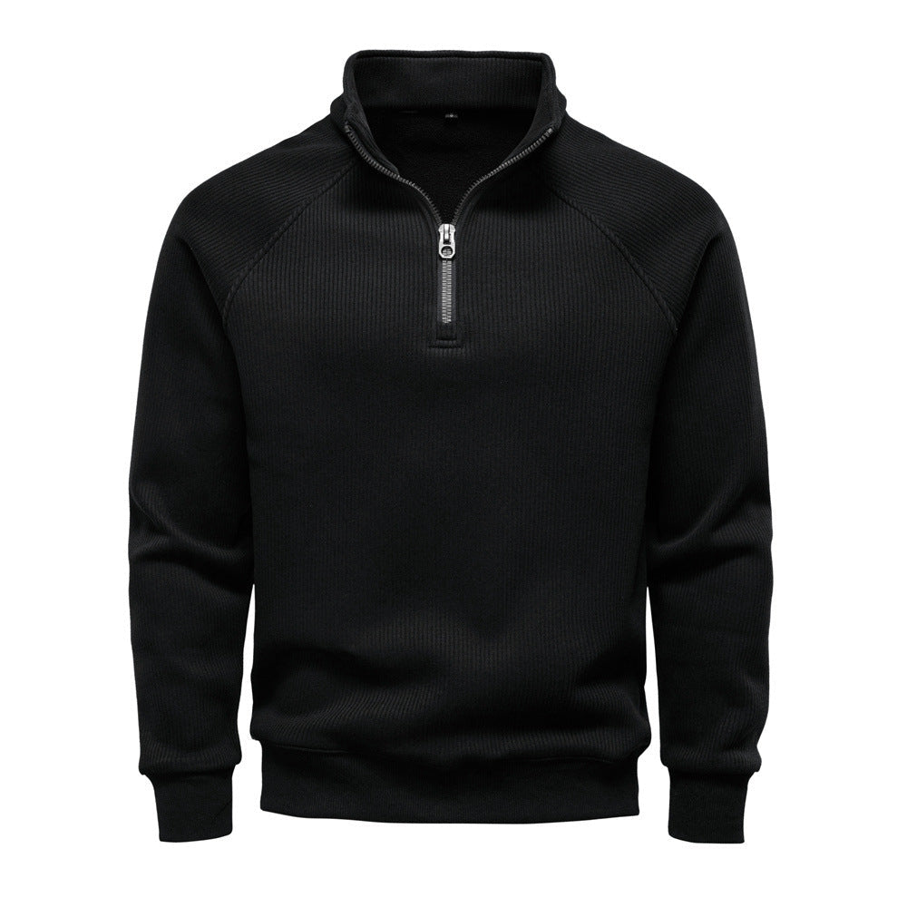 Men's Fleece-Lined Ribbed Quarter-Zip Sweatshirt with Mock Collar