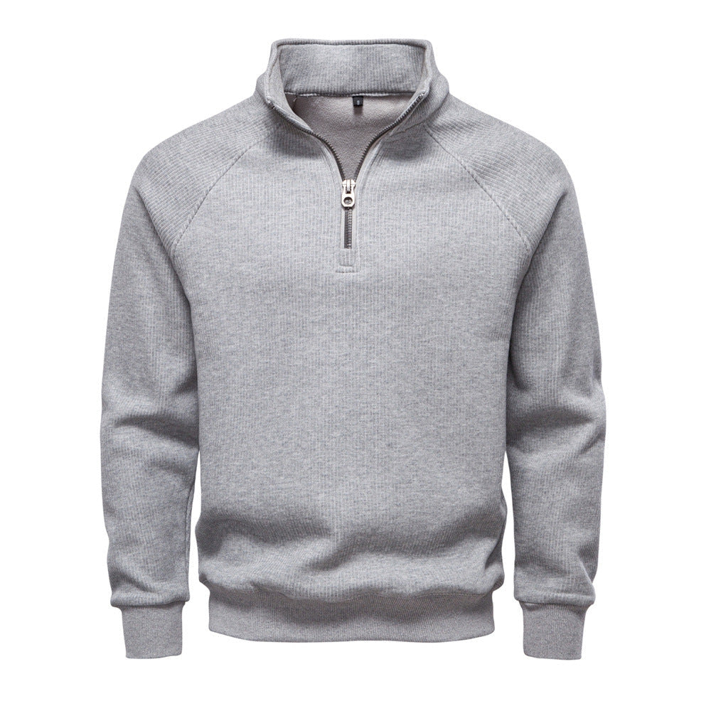 Men's Fleece-Lined Ribbed Quarter-Zip Sweatshirt with Mock Collar