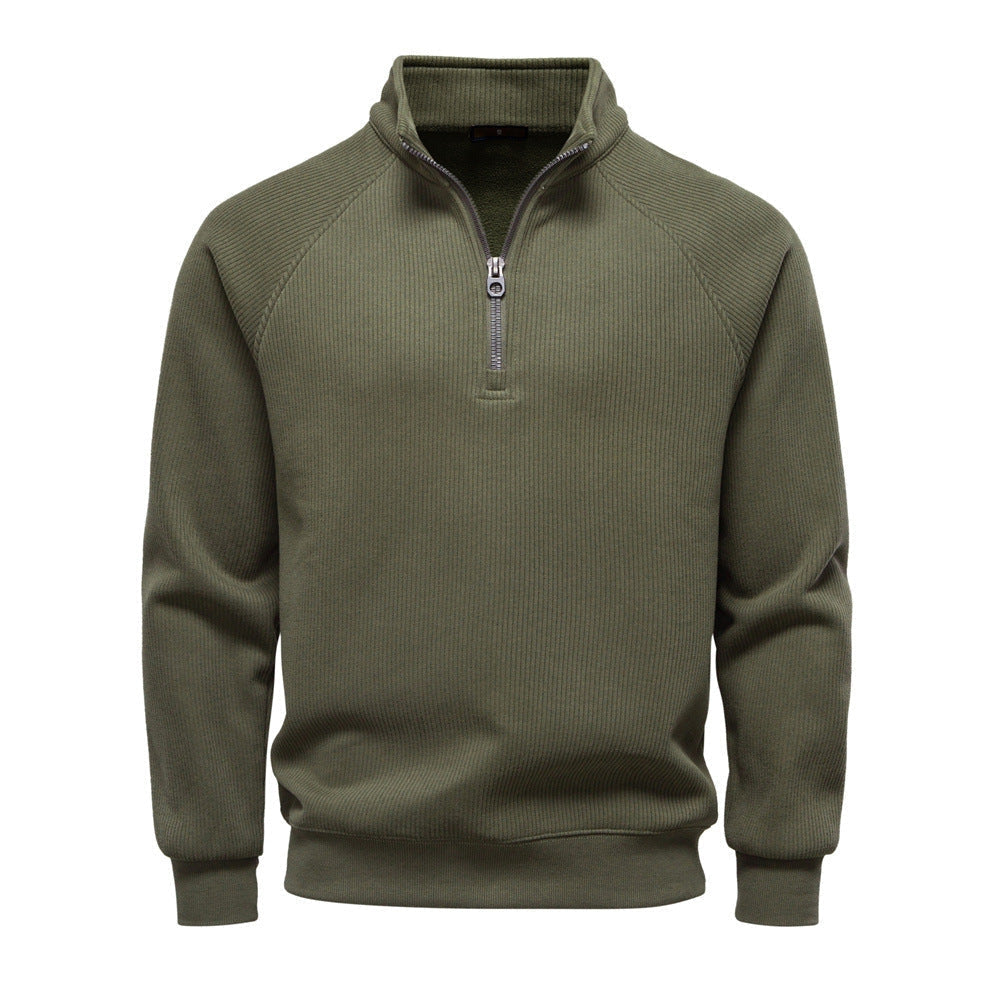 Men's Fleece-Lined Ribbed Quarter-Zip Sweatshirt with Mock Collar