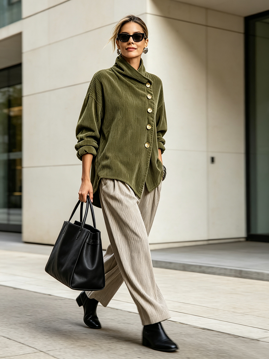 Women's Corduroy Asymmetrical Button-Up Top