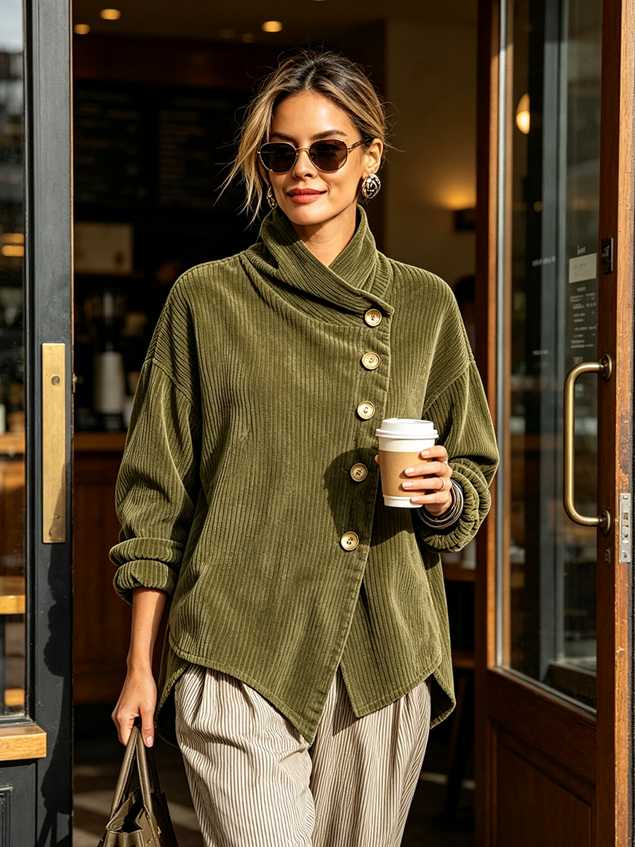Women's Corduroy Asymmetrical Button-Up Top