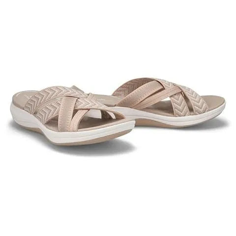 Women's Cross-Strap Comfort Slide Sandals — Beige cross-strap slide sandal pair
