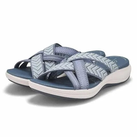 Women's Cross-Strap Comfort Slide Sandals — Blue cross-strap slide sandal pair