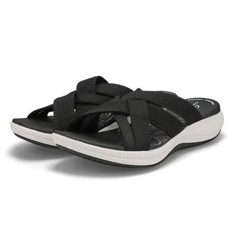 Women's Cross-Strap Comfort Slide Sandals — Black slide sandals side profile