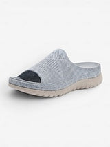 Women's Gray Comfort Knit Arch Support Slide Sandals – Breathable Lightweight Sport Slides with Cushioned Sole, Casual Summer Shoes for Indoor, Outdoor, Travel, Beach & Walking